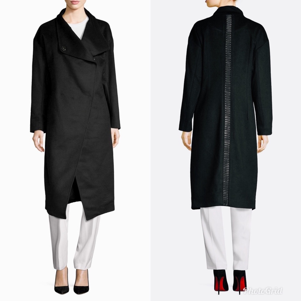 Badgley Mischka Long Wool Leather Back Inset Coat